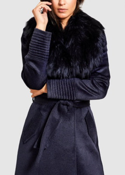 SENTALER Suri Alpaca Medium Length Coat With Shearling Collar- Midnight Blue