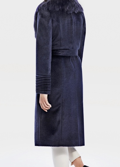 SENTALER Suri Alpaca Medium Length Coat With Shearling Collar- Midnight Blue