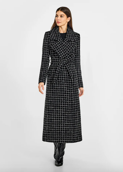 SENTALER Tweed Suri Alpaca Maxi Notched Collar Wrap Coat - Black Check