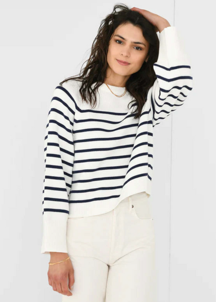 White + Warren Organic Cotton Striped Raglan Crew - White/Navy
