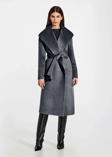 SENTALER Suri Alpaca Long Shawl Collar Wrap Coat- Charcoal