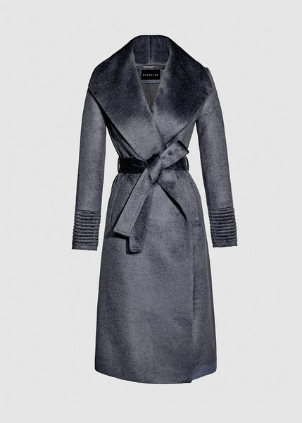 SENTALER Suri Alpaca Long Shawl Collar Wrap Coat- Charcoal
