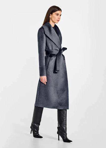 SENTALER Suri Alpaca Long Shawl Collar Wrap Coat- Charcoal
