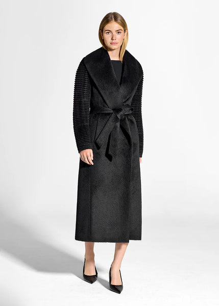 PRE-ORDER SENTALER Suri Alpaca Long Shawl Collar Wrap Coat With Ribbed Sleeves - Black