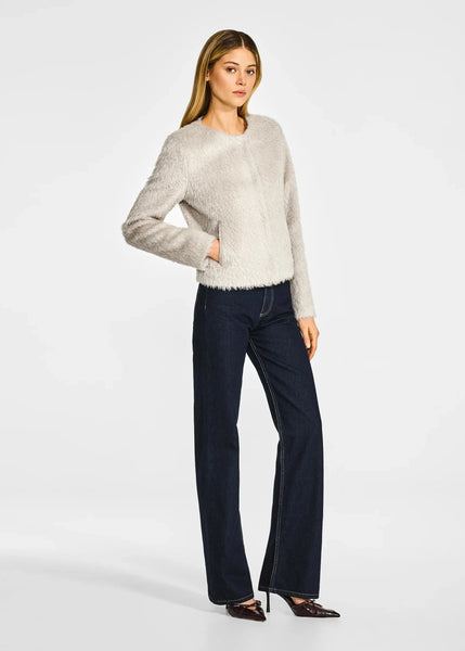 SENTALER Textured Suri Alpaca Collarless Moto Jacket