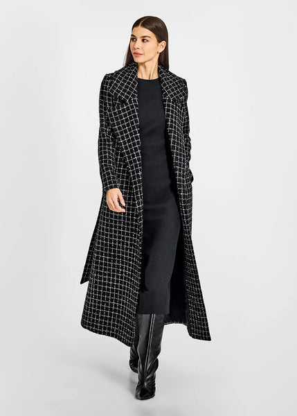 SENTALER Tweed Suri Alpaca Maxi Notched Collar Wrap Coat - Black Check