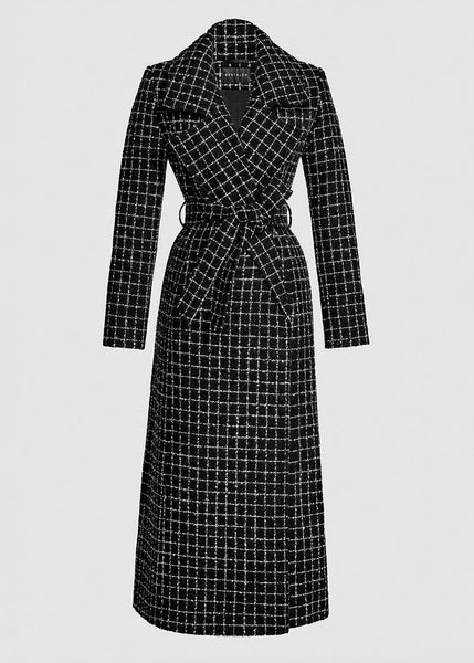 SENTALER Tweed Suri Alpaca Maxi Notched Collar Wrap Coat - Black Check