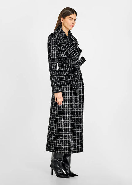 SENTALER Tweed Suri Alpaca Maxi Notched Collar Wrap Coat - Black Check