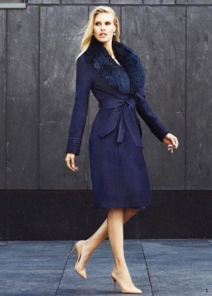 SENTALER Suri Alpaca Medium Length Coat With Shearling Collar- Midnight Blue