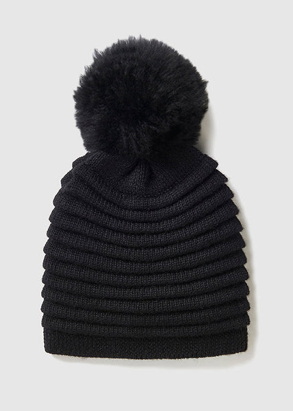 SENTALER Ribbed Hat With Oversized Fur Pompom - Black