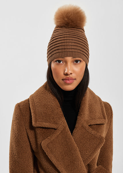 SENTALER Ribbed Hat With Oversized Fur Pompom - Caramel