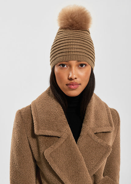 SENTALER Ribbed Hat With Oversized Fur Pompom - Dark Camel