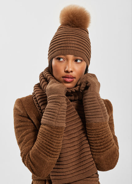 SENTALER Ribbed Hat With Oversized Fur Pompom - Caramel