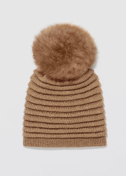 SENTALER Ribbed Hat With Oversized Fur Pompom - Dark Camel
