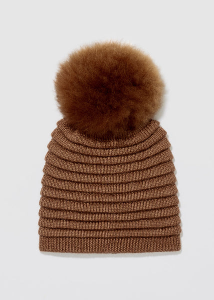 SENTALER Ribbed Hat With Oversized Fur Pompom - Caramel