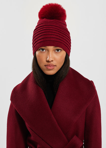 SENTALER Ribbed Hat With Oversized Fur Pompom - Garnet Red