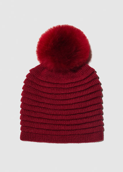 SENTALER Ribbed Hat With Oversized Fur Pompom - Garnet Red