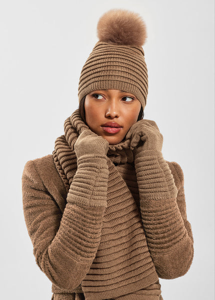 SENTALER Ribbed Hat With Oversized Fur Pompom - Dark Camel