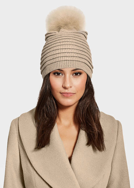 SENTALER Ribbed Hat With Oversized Fur Pompom - Camel