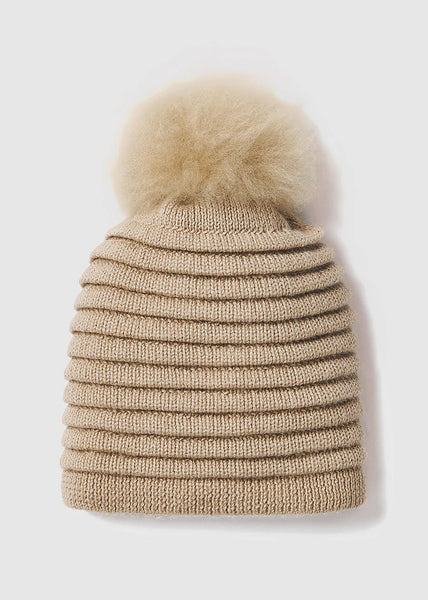 SENTALER Ribbed Hat With Oversized Fur Pompom - Camel