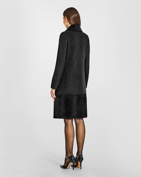 SENTALER Baby Alpaca Empire Waist A-Line Coat With Bouclé Alpaca Collar And Trim- Black