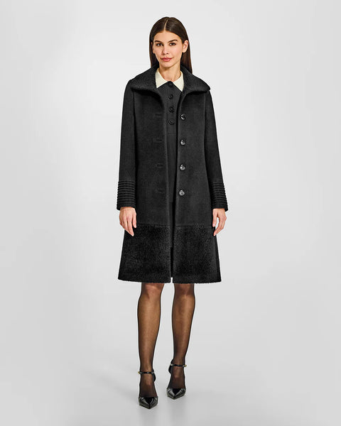 SENTALER Baby Alpaca Empire Waist A-Line Coat With Bouclé Alpaca Collar And Trim- Black