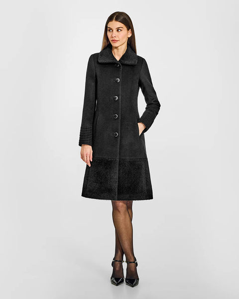 SENTALER Baby Alpaca Empire Waist A-Line Coat With Bouclé Alpaca Collar And Trim- Black