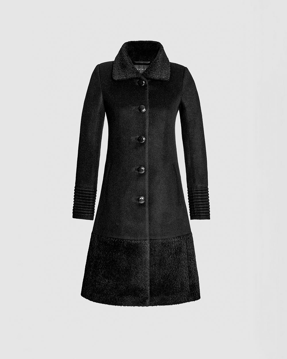 SENTALER Baby Alpaca Empire Waist A-Line Coat With Bouclé Alpaca Collar And Trim- Black