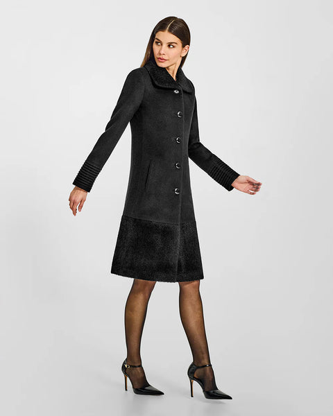 SENTALER Baby Alpaca Empire Waist A-Line Coat With Bouclé Alpaca Collar And Trim- Black