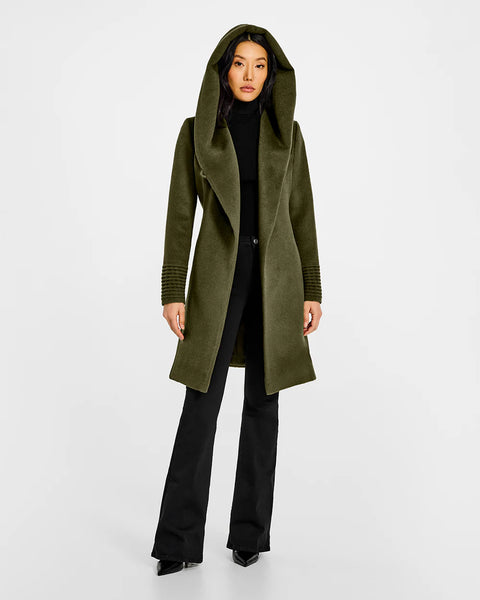 SENTALER Baby Alpaca Mid Length Hooded Wrap Coat- Olive Green