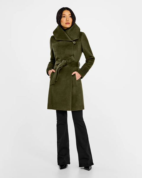 SENTALER Baby Alpaca Mid Length Hooded Wrap Coat- Olive Green