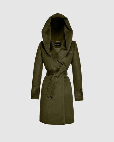 SENTALER Baby Alpaca Mid Length Hooded Wrap Coat- Olive Green