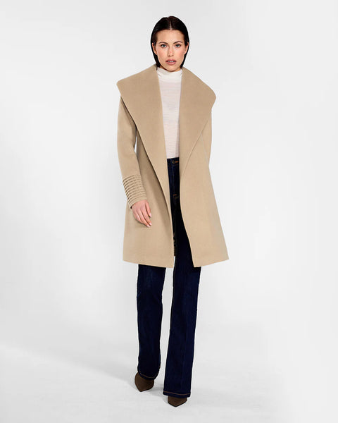PRE-ORDER SENTALER Baby Alpaca Mid Length Shawl Collar Wrap Coat- Camel