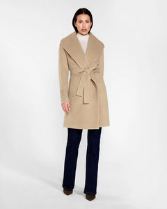 PRE-ORDER SENTALER Baby Alpaca Mid Length Shawl Collar Wrap Coat- Camel