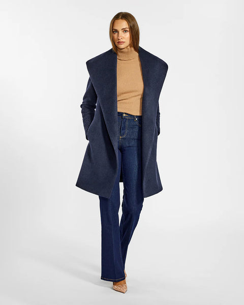 PRE-ORDER SENTALER Baby Alpaca Mid Length Shawl Collar Wrap Coat- Deep Navy