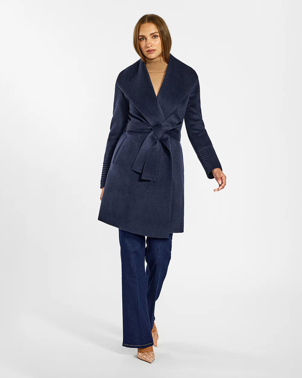 PRE-ORDER SENTALER Baby Alpaca Mid Length Shawl Collar Wrap Coat- Deep Navy