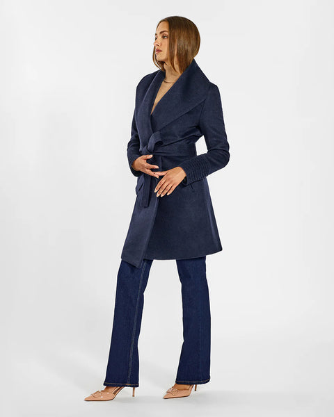 PRE-ORDER SENTALER Baby Alpaca Mid Length Shawl Collar Wrap Coat- Deep Navy