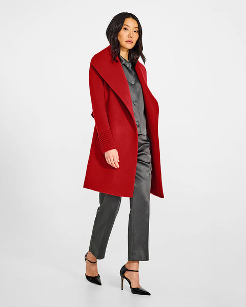 PRE-ORDER SENTALER Baby Alpaca Mid Length Shawl Collar Wrap Coat- Scarlet Red