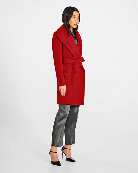 PRE-ORDER SENTALER Baby Alpaca Mid Length Shawl Collar Wrap Coat- Scarlet Red
