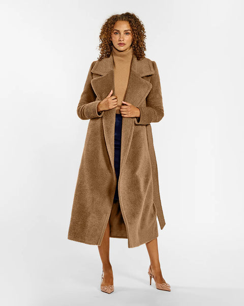 Pre-Order SENTALER Boucle Alpaca Long Notched Collar Wrap Coat- Dark Camel