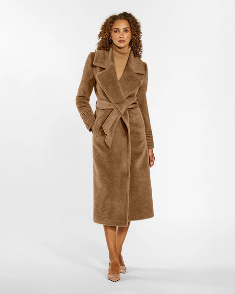 Pre-Order SENTALER Boucle Alpaca Long Notched Collar Wrap Coat- Dark Camel