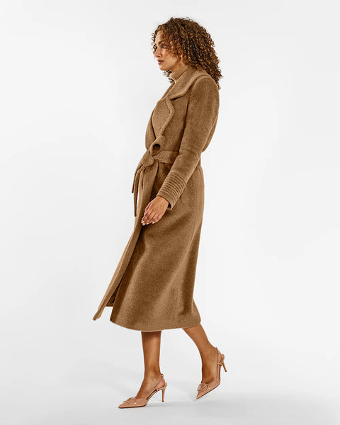 Pre-Order SENTALER Boucle Alpaca Long Notched Collar Wrap Coat- Dark Camel