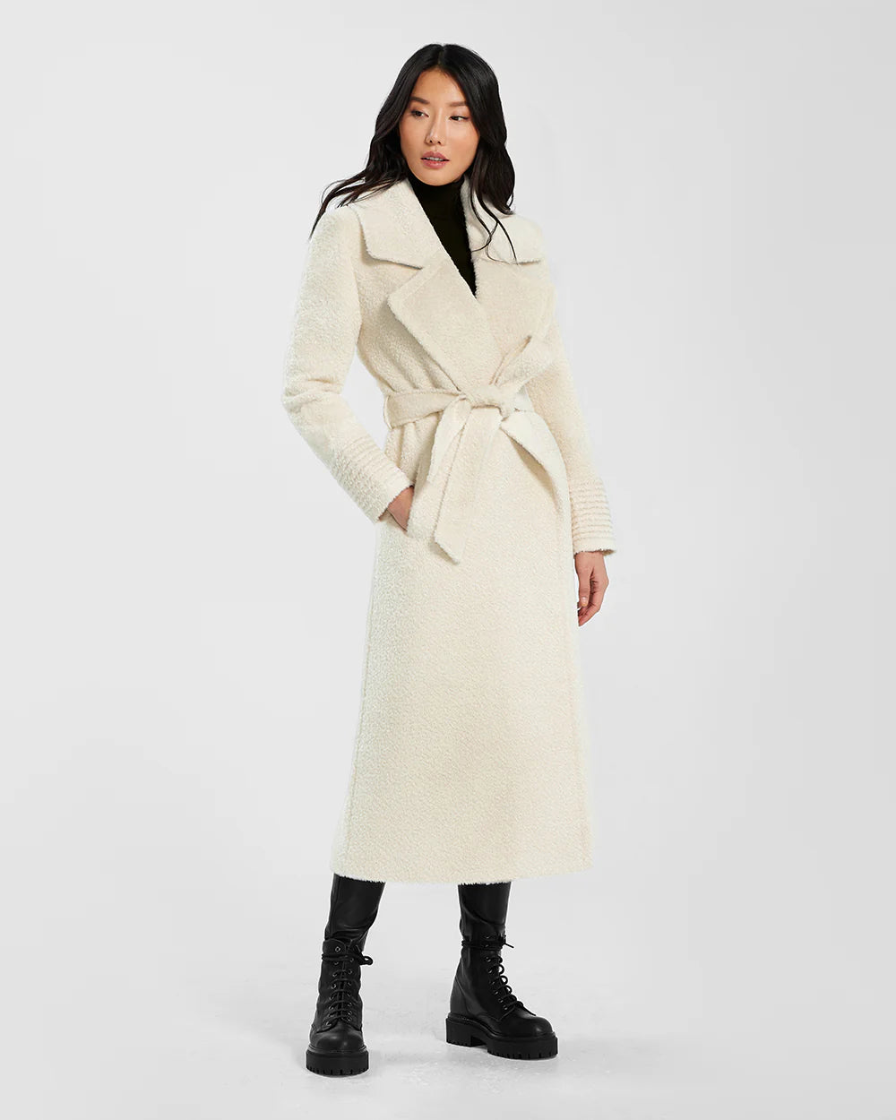 Pre-Order SENTALER Boucle Alpaca Long Notched Collar Wrap Coat- Ivory