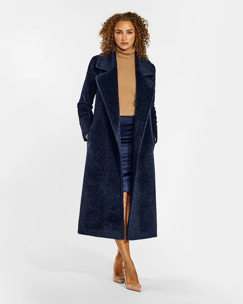 Pre-Order SENTALER Boucle Alpaca Long Notched Collar Wrap Coat- Midnight Blue
