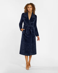 Pre-Order SENTALER Boucle Alpaca Long Notched Collar Wrap Coat- Midnight Blue