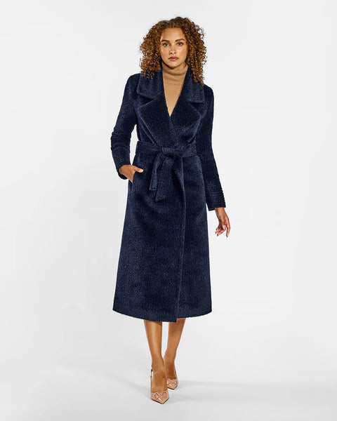 Pre-Order SENTALER Boucle Alpaca Long Notched Collar Wrap Coat- Midnight Blue