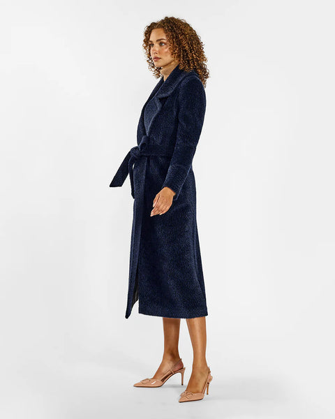 Pre-Order SENTALER Boucle Alpaca Long Notched Collar Wrap Coat- Midnight Blue