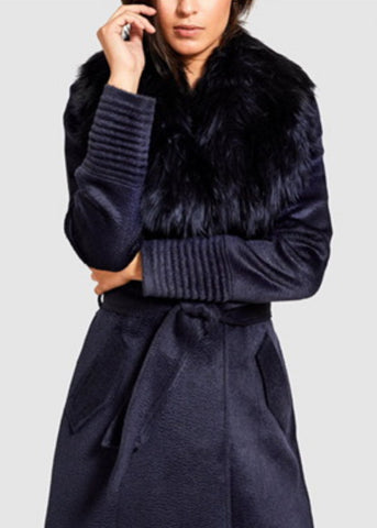 SENTALER Suri Alpaca Medium Length Coat With Shearling Collar- Midnight Blue