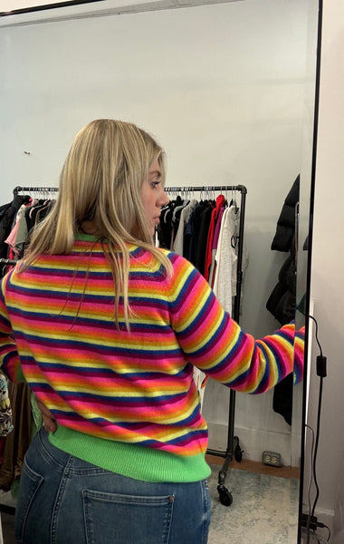 Brodie Cashmere Rainbow Stripe Smiley Crewneck