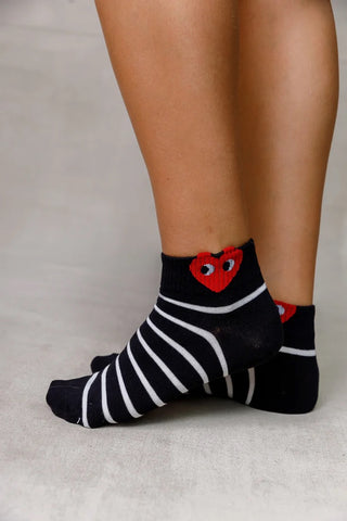Black & White Striped Heart Ankle Socks